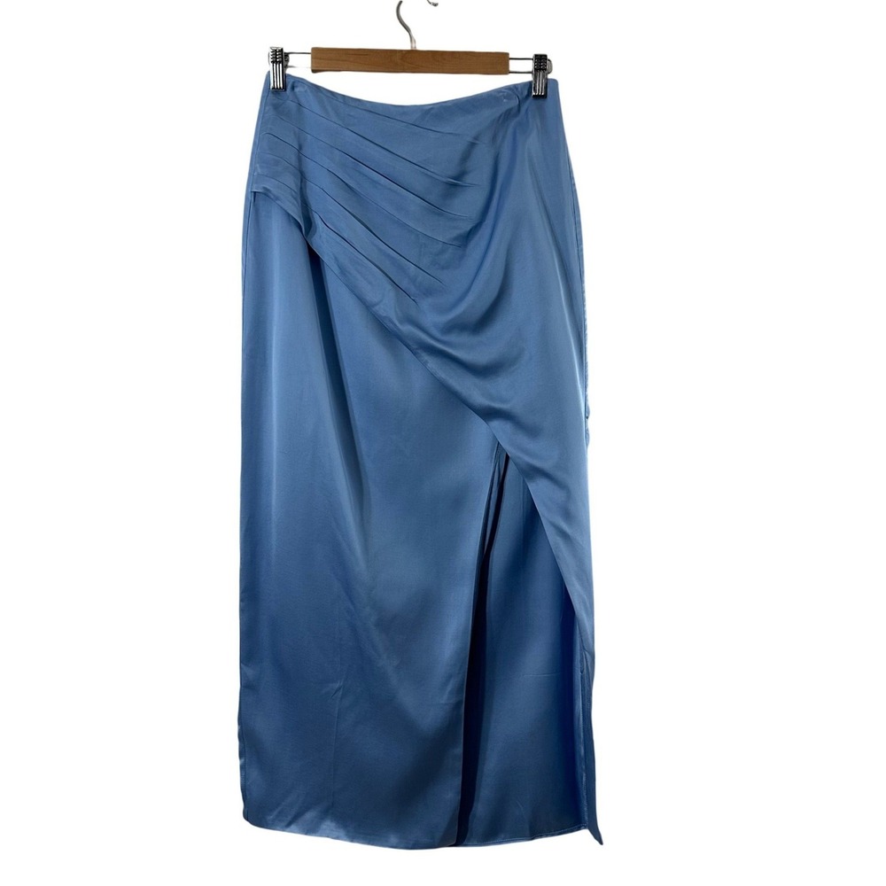 ASTR the Label Blue Satin Draped Midi Skirt High Slit‎ Faux Wrap Womens Small